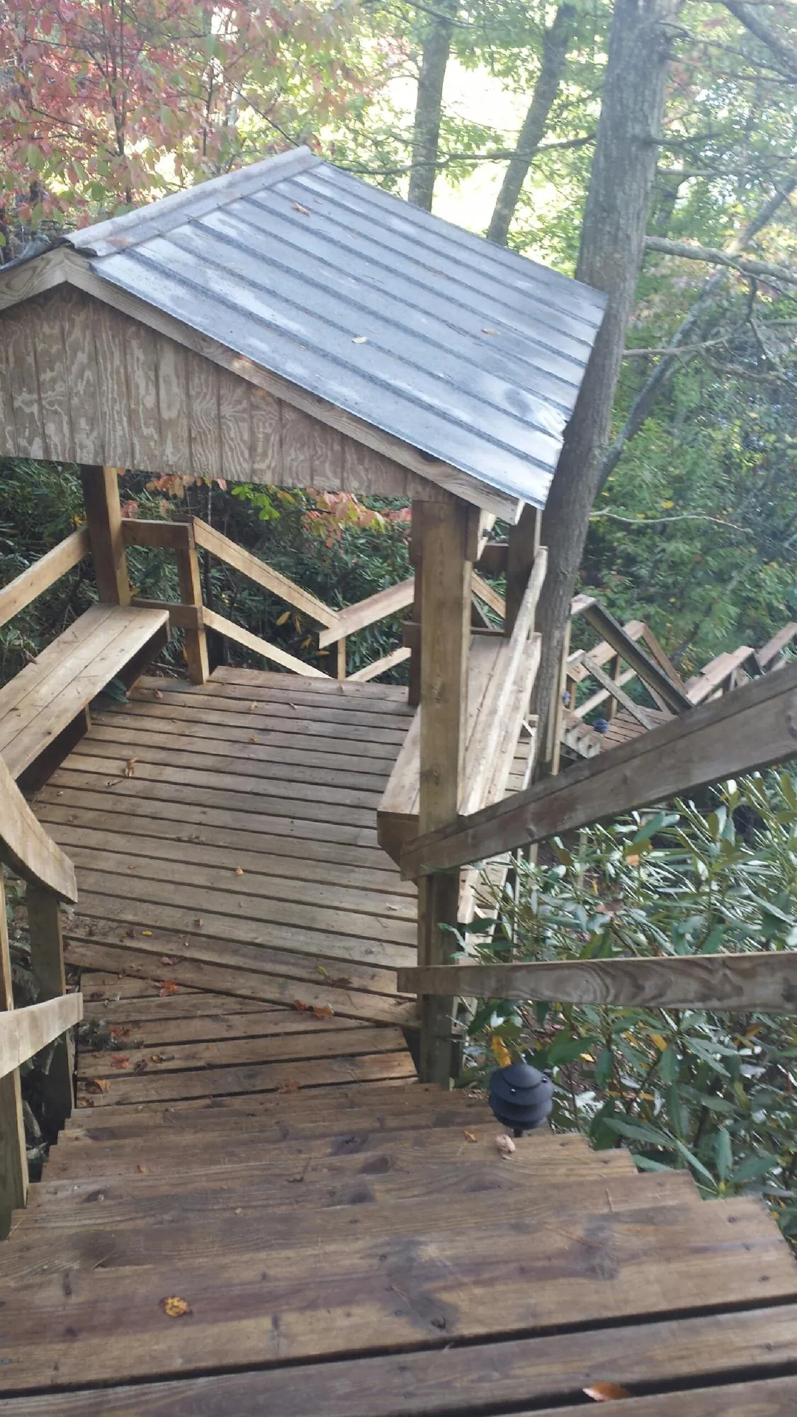 Metal roofed shelter over wooden steps on a wooded walkway — Skylight Repair & Installation work by our crew in Estacada